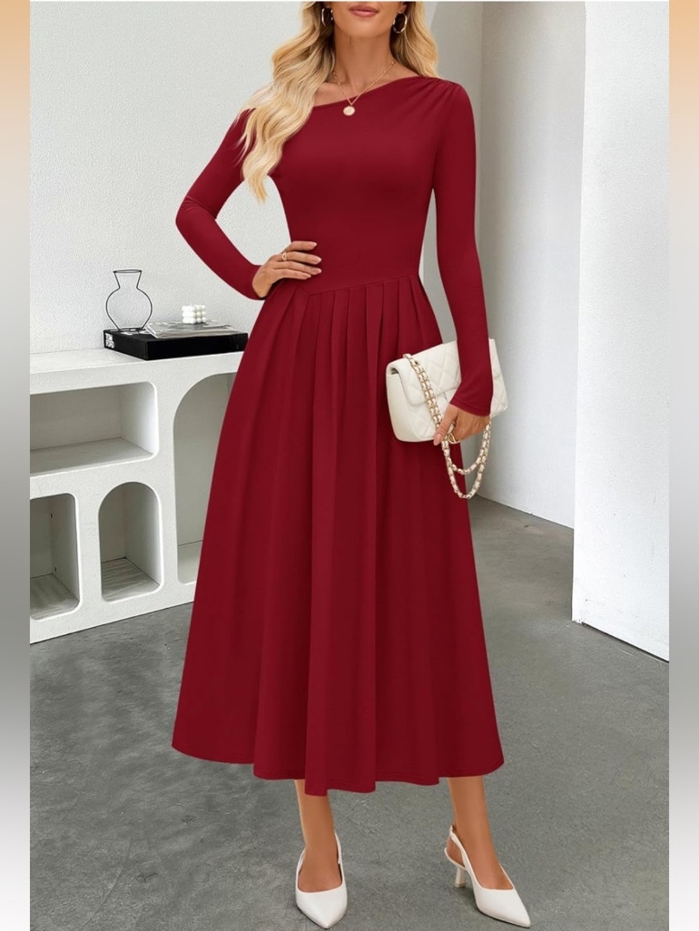 Elegant Burgundy Long Sleeve Pleated Maxi Dress 005 - Picture 2 of 7